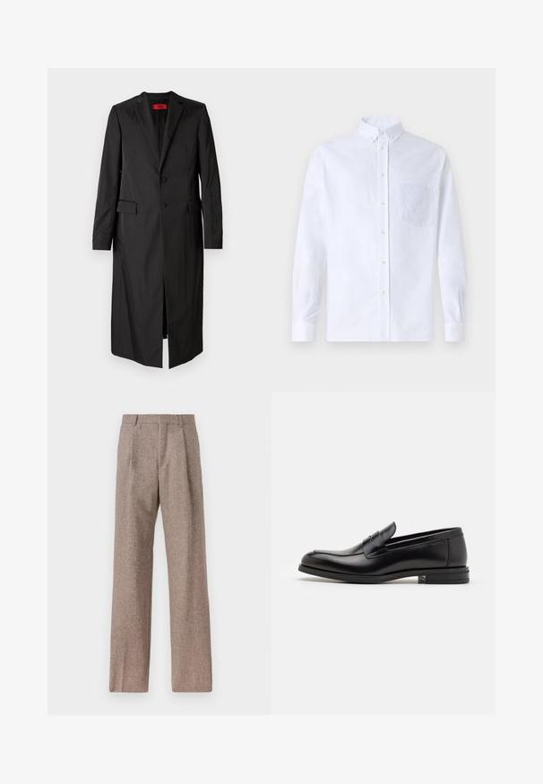 Palton lung black dintr-un material ușor, având un design cu un singur rând de nasturi, două nasturi și buzunare laterale. Stil minimalist cu o siluetă eleganta.; Cămașă albă cu mânecă lungă, din bumbac, prevăzută cu un buzunar pe piept cu broderie tonală, guler și manșete cu buton.; Pantaloni bej, cu talie înaltă, dintr-un material texturat. Prezintă picioare late și două pliseuri frontale pentru structură. Finisaj îngrijit, fără accesorii vizibile.; Mocasini din piele neagră cu o textură netedă, vârf rotund și o curea decorativă peste partea superioară. Toc mic, design minimalist.