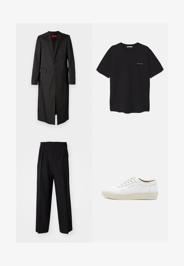Juodas ilgas paltas iš lengvos medžiagos, turintis vieno mygtuko uždarymą, du mygtukus ir šonines kišenes. Minimalistinis stilius su elegantiška siluetu.; Juoda medvilninė marškinėlė su apykakle, trumpomis rankovėmis ir baltu logotipu kairėje krūtinės pusėje. Paprastas, vientisas spalvų dizainas.; Juodi klostuoti kelnių, su tiesiu, plačiu kojų dizainu. Pagaminti iš lygios medžiagos, su mygtukų uždarymu ir diržo kilputėmis.; Balti odiniai sportbačiai su tekstūriniu paviršiumi, apvaliu kojų pirštu, smėlio spalvos guma ir šešiomis pilkomis raištelių akytėmis, su subtiliu ženklinimu šone.