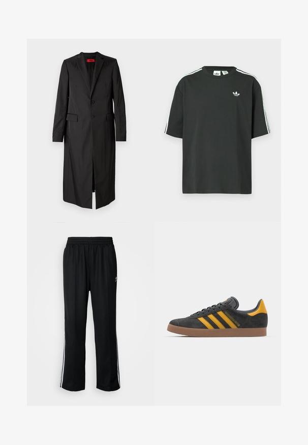 Svart lång kappa i lätt tyg, med en enkelknäppt design, två knappar och sidofickor. Minimalistisk stil med en strömlinjeformad siluett.; Svart bomulls-t-shirt med korta ärmar, rund halsringning och vita tre ränder på axlarna. Har en liten vit logotyp på bröstet.; Svarta träningsbyxor med elastisk midja, med vita sidostreck och en liten logotyp. Materialet verkar mjukt och lätt.; Svart mockaskor med gula accenter, med tre ränder och en brun gummisula. Inkluderar en vadderad tunga för extra komfort.