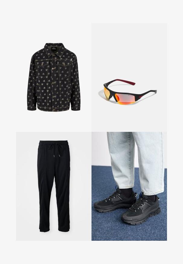 Veste en denim noir avec un motif répétitif de logo "SP" en gris clair. Elle a un col, un devant boutonné et deux poches poitrine avec rabats.; T-shirt en coton blanc avec un imprimé graphique noir d'une figure ailée et du texte, avec un col rond et des manches courtes.; Pantalons décontractés noirs à taille à cordon de serrage avec poches latérales et coupe droite sur fond uni.; Des chaussures de sport noires avec un tissu texturé et des semelles en caoutchouc, dotées de lacets élastiques et d'un accent bleu au talon. Portées avec un pantalon en denim clair.; Lunettes de sport noires avec des verres miroités jaunes-oranges, des accents rouges et des branches courbées. Elles présentent un design moderne et épuré.