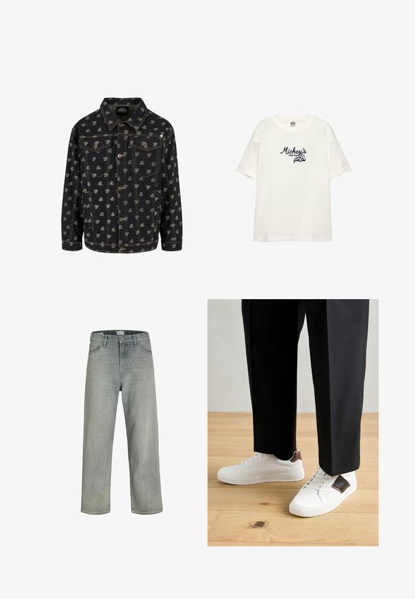 Mustat farkkutakki, jossa on toistuva "SP"-logokuvio vaaleanharmaana. Takissa on kaulus, napitettava etuosa ja kaksi rintataskua läpillä.; Valkoinen puuvillat-paita lyhyillä hihoilla. Siinä on tummansininen brodeerattu teksti "Mickey's" ja pizzagrafiikka. Yksinkertainen pyöreä pääntie.; Vaaleanharmaat, löysät farkut, jotka on valmistettu denimistä. Ominaisuuksiin kuuluu klassinen viiden taskun muotoilu, vyölenkit ja suora lahjetyyli.; Valkoiset tennarit, joissa on sileä pinta, ruskealla nahka-akentilla ja mustilla yksityiskohdilla, yhdistetty mustiin räätälöityihin housuihin. Taustalla puulattia.