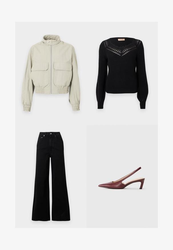 Light grey cropped jacket featuring a high collar, front zipper, and two large chest pockets. Elasticized cuffs and hem add texture.; Black sweater with a ribbed texture, scalloped neckline, and openwork detail at the chest. Long sleeves and fitted waist.; Black wide-leg jeans made from denim, featuring a high waist, five pockets, front button closure, and minimal stitching details.; Burgundy slingback heels with a pointed toe, cutout details on the side, and a mid-height block heel. Smooth leather finish.