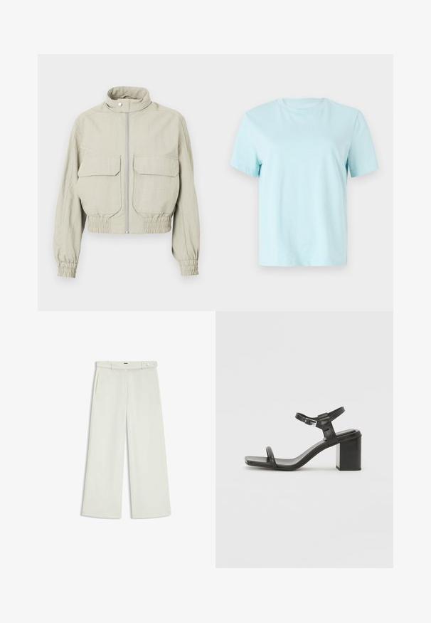 Hellegraue, kurze Jacke mit hohem Kragen, Frontreißverschluss und zwei großen Brusttaschen. Elastische Bündchen und Saum verleihen Textur.; Hellblaues Baumwoll-T-Shirt mit kurzen Ärmeln, einem Rundhalsausschnitt und dezentem, auf der Vorderseite eingesticktem 'Calvin Klein'-Logo.; Weite Hose aus zartem Creme-Stoff, mit seitlichen Taschen, flatem Bund und einer Knopfverschluss an der Taille. Glatte Textur.; Schwarze Leder-Sandale mit Blockabsatz und einem breiten Riemen über dem Zeh sowie einem verstellbaren Knöchelriemen, die ein schlankes, minimalistisches Design aufweist.