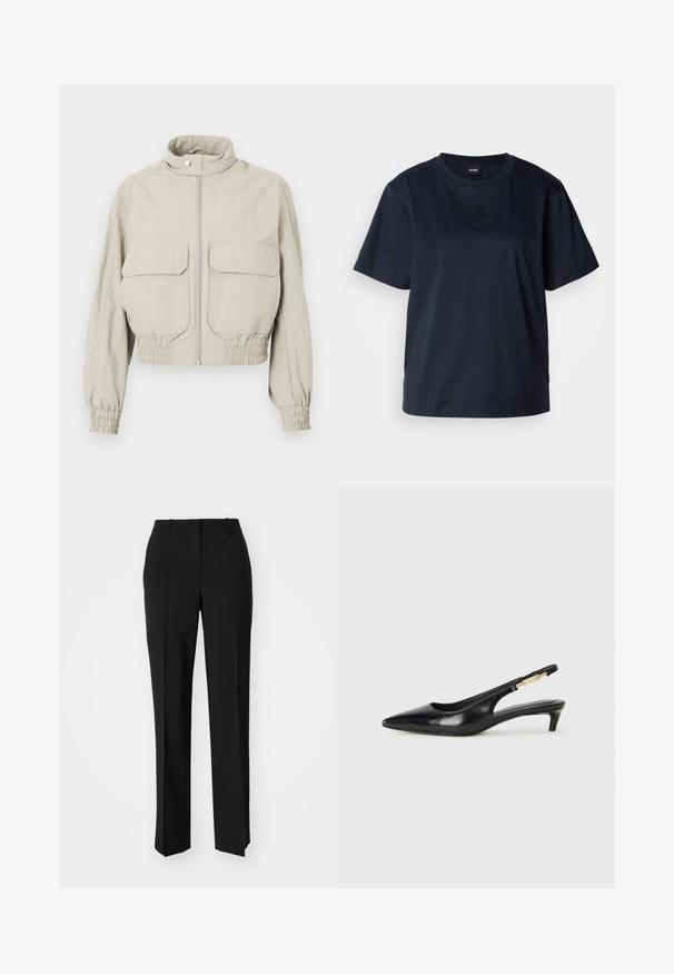 Jasnoszara krótka kurtka z wysoką kołnierzem, zamkiem błyskawicznym z przodu oraz dwiema dużymi kieszeniami na piersi. Elastyczne mankiety i dół dodają tekstury.; Granatowa koszulka z krótkim rękawem wykonana z miękkiej bawełny. Posiada okrągły dekolt oraz subtelnie haftowane logo na piersi.; Czarne spodnie o dopasowanym kroju z prostymi nogawkami, o gładkiej fakturze i wyraźnych zagięciach z przodu. Bez widocznych elementów metalowych.; Czarne skórzane szpilki typu slingback z ostrym noskiem, posiadające smukły obcas i złoty akcent na regulowanym pasku. Gładka tekstura.