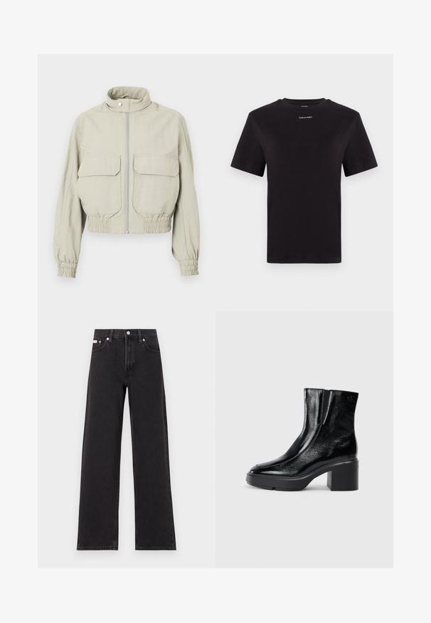 Lys grå cropped jakke med høj krave, frontlynlås og to store brystlommer. Elastiske manchetter og kant tilføjer struktur.; Sort bomulds t-shirt med korte ærmer, rund halsudskæring og lille hvid "Calvin Klein" logo på brystet. Glat tekstur, klassisk pasform.; Sorte vidde jeans lavet af denim, med høj talje, fem-lomme stil og en metalknap lukning med kontrasterende syninger.; Sorte patenterede læderankelstøvler med en buet tå, elastiske sidepaneler og en kraftig blokhæl. Har et præget logo på bagsiden.