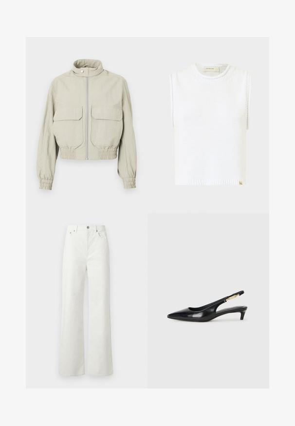 Ljusgrå kort jacka med hög krage, framdragkedja och två stora bröstfickor. Elastiska ärmslut och nederkant ger textur.; Vit ärmlös stickad top med rund halsringning, ribbad fåll och sidsömnadsdetaljer; har en liten logotag med varumärke i botten.; Samsøe Samsøe SHELLY - Jeans relaxed fit - clear cream; Svart läder slingback-hälar med spetsig tå, med en smal klack och en guldtonad detalj på den justerbara remmen. Slät textur.