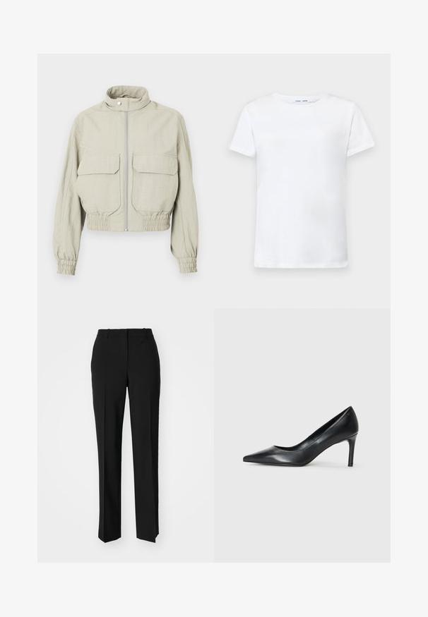 Hellegraue, kurze Jacke mit hohem Kragen, Frontreißverschluss und zwei großen Brusttaschen. Elastische Bündchen und Saum verleihen Textur.; Weißes T-Shirt mit kurzen Ärmeln aus Baumwolle und Rundhalsausschnitt. Glatte Textur und gerader Schnitt, keine Muster oder Akzente.; Schwarze, taillierte Hose mit geradem Bein, aus einem glatten Stoff und mit klaren Falten an der Vorderseite. Keine sichtbare Hardware.; Schwarze Leder-Pumps mit spitzem Zehenbereich und schmalem Absatz, glatter Textur und ohne sichtbare Verzierungen. Sauberes Design mit minimalistischem Ästhetik.