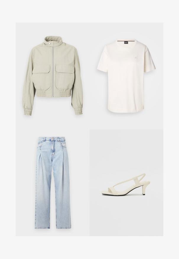 Hellegraue, kurze Jacke mit hohem Kragen, Frontreißverschluss und zwei großen Brusttaschen. Elastische Bündchen und Saum verleihen Textur.; Weißes Baumwoll-T-Shirt mit kurzen Ärmeln, rundem Ausschnitt und kleinem Logo auf der Brust. Glatte Textur und gerader Saum.; Helle blaue Denim-Jeans mit hoher Taille, weitem Beinschnitt, zwei seitlichen Taschen und gefaltetem Design. Weiche Textur mit einem ausgebleichten Finish.; Beige Blockabsatzsandalen mit dünnen Riemen und quadrater Spitze. Glattes Material mit minimalem Design, entworfen für einfaches Tragen.
