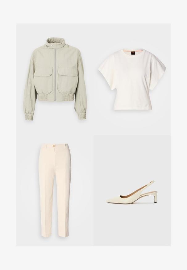 Gai pelēks apgriezts mētelis ar augstu apkakli, priekšējo rāvējslēdzēju un divām lielām krūšu kabatām. Elastīgi aproces un apakšmala pievieno tekstūru.; Balts īsais T-krekls, plašas īsas piedurknes, mīksts kokvilnas materiāls, apaļa kakla izgriezums ar delikātu oranžu apdari, minimāls dizains, bez rakstiem vai grafikām.; Krēma krāsas augstākā jostas līmeņa bikses, izgatavotas no teksturēta auduma. Tām ir aizdare priekšā ar pogu un sašaurināti kājām.; Asimtais pirksta siksnas kurpes off-white ādas, ar zemu papēdi un izgrieztu dizainu, gluda tekstūra un minimāli akcenti.