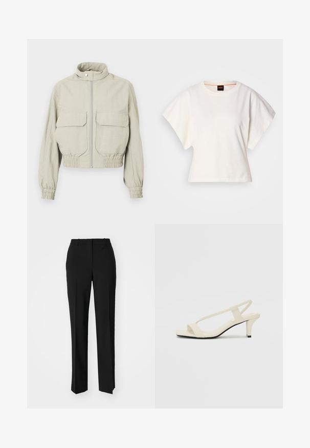 Light grey cropped jacket featuring a high collar, front zipper, and two large chest pockets. Elasticized cuffs and hem add texture.; White cropped T-shirt, short wide sleeves, soft cotton material, round neckline with subtle orange trim, minimal design, no patterns or graphics.; Black tailored trousers with a straight-leg design, featuring a smooth texture and crisp creases along the front. No visible hardware.; Beige block-heeled sandals with thin straps and a square toe. Smooth material with minimal detailing, designed for easy wear.