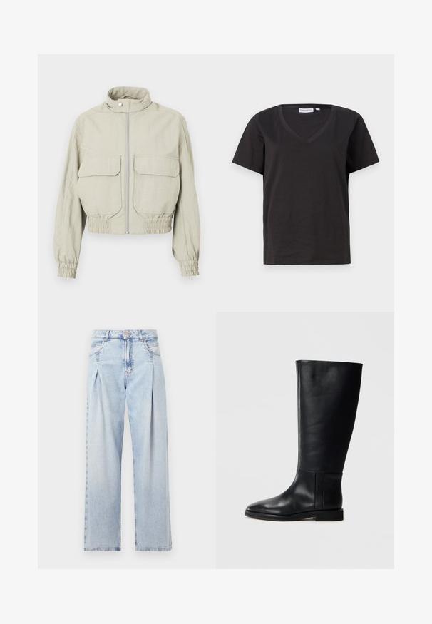 Világosszürke, rövidített dzseki magas gallérral, elöl cipzárral és két nagy mellzsebbel. Rugalmas mandzsetták és szegély hozzáadnak egy kis textúrát.; Fekete pamut póló V-nyakkal és rövid ujjakkal. Egyszerű dizájn, normál fazon, minta vagy díszítés nélkül.; Világoskék farmernadrág magas derekú, bő szabású, két oldalsó zsebbel és pliszírozott dizájnnal. Puha tapintású, elhalványított felület.; Fekete bőrből készült, térd fölé érő csizma, lekerekített orral, sima felülettel, minimalista dizájnnal és lapos talppal. Egyszerű varrási részletek a szárán.