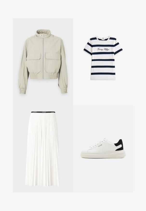 Světle šedá krátká bunda s vysokým límcem, předním zipem a dvěma velkými náprsními kapsami. Elastické manžety a lem dodávají texturu.; Bavlněné tričko s horizontálními námořnickými pruhy na bílém pozadí. Na hrudi je výšivka "Tommy Hilfiger" v kurzívě. Kulatý výstřih.; Záhybová bílá sukně s černým elastickým pasem s logem "LACOSTE". Suška je střední délky a má jemnou texturu.; Bílé kožené tenisky s tlustou bílou podrážkou, černým semišovým akcentem na patě a vyraženým logem na boku. Šněrovací design se šesti očka.