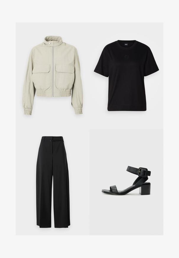 Helehallikas jope, millel on kõrge krae, eesneediga lukuga ja kaks suurt rinna taskut. Elastaaniga ääred ja allserva lisavad tekstuuri.; Mustmust särk, millel on ümar kaelus, lühikesed varrukad ja tindiga tikitud logo rinnal. Lihtne, mugav lõige ilma mustriteta.; Mustad laiad püksid kõrge vöökoht ja vööga. Omavad siledat tekstuuri ja puhtaid jooni, disainitud lõdva istumise jaoks.; Must mustlastest mustaala sandaal, millel on reguleeritav pahkluu rihm, avatud varvaste disain ja ruudukujuline plokknina. Sujuv tekstuur, minimalistlik stiil.