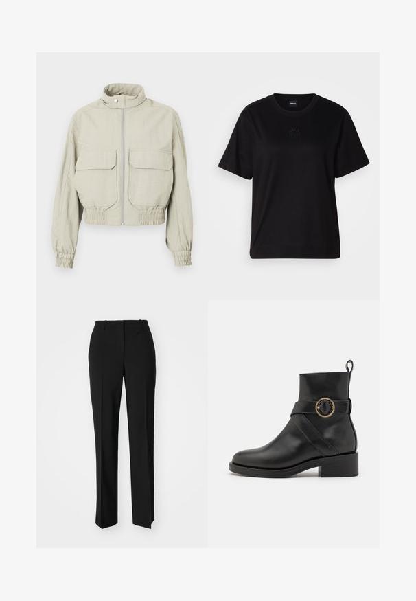 Veste cropped gris clair avec un col montant, fermeture éclair devant et deux grandes poches poitrine. Les poignets et l'ourlet élastiqués ajoutent de la texture.; T-shirt en coton noir avec un col rond, des manches courtes et un logo brodé sur la poitrine. Coupe simple et décontractée sans motifs.; Pantalon noir ajusté avec une coupe droite, présentant une texture lisse et des plis nets sur le devant. Aucune quincaillerie visible.; BOSS IRYNA BOOTIE - Bottines à plateau - black