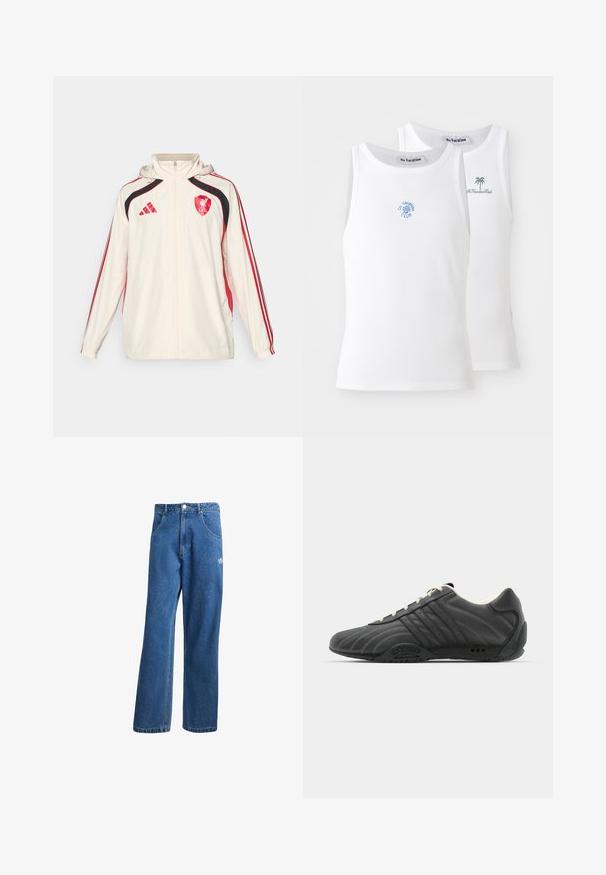 adidas Performance LIVERPOOL FC UBP WINDBREAKER - Fanartikel - white; Twee witte tanktops met een geribbelde textuur, voorzien van blauwe en groene borduurlogo's. De ene heeft een zonontwerp, de andere een palboom.; Blauwe hoge taille wijde spijkerbroek met voorzakken, riemlussen, knoopsluiting en klein Adidas-logo op de rechterdij.; adidas Originals ADIRACER UNISEX - Sneakers laag - core black/cream white