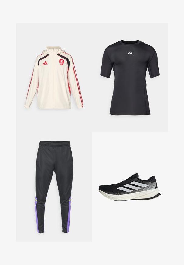 adidas Performance LIVERPOOL FC UBP WINDBREAKER - Club wear - white; Black athletic short-sleeve shirt made of smooth, stretchable fabric. Features a white logo on the chest and flatlock seams for comfort.; adidas Performance SQUADRA25 TRAINING PANT - Tracksuit bottoms - black/purple rush; Black athletic shoe with a mesh design, featuring white stripes, a rounded toe, and a textured sole for grip and support.