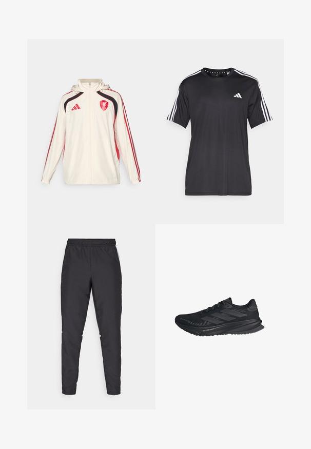 adidas Performance LIVERPOOL FC UBP WINDBREAKER - Article de supporter d'équipe de club - white; T-shirt noir à manches courtes avec un design à trois bandes blanches sur les épaules et un logo sur la poitrine. Fabriqué en tissu respirant, texture lisse.; Pantalons de sport noirs avec une taille élastique, des jambes fuselées et des accents blancs sur les côtés. Fabriqués à partir de matériau synthétique avec une texture lisse.; Chaussure de course noire Adidas avec un dessus en Gore-Tex, trois bandes sur le côté et "Dreamstrike" sur la semelle, vue de l'extérieur.