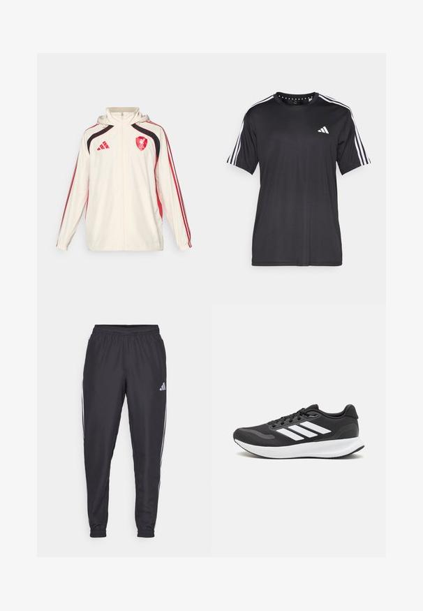 adidas Performance LIVERPOOL FC UBP WINDBREAKER - Club wear - white; Black short-sleeve t-shirt with white three-stripe design on shoulders and logo on the chest. Made from breathable fabric, smooth texture.; Black athletic pants with an elastic waistband, featuring white stripes along the sides and a small logo on the hip. Smooth texture.; Black athletic shoe with breathable mesh upper, white accents, and a cushioned sole. Features three stripes logo on the side.