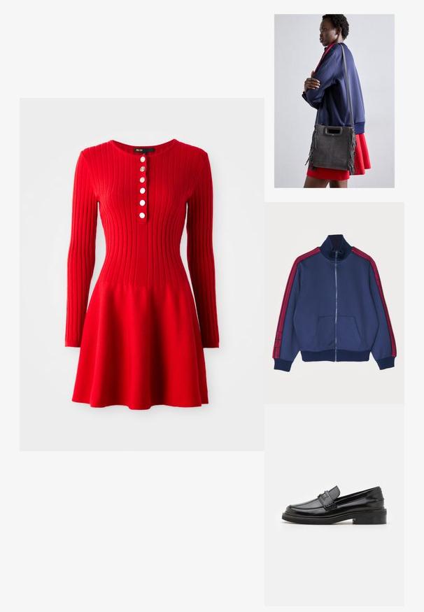 Giacca a track in tinta blu navy con zip e colletto alto, dettagli a strisce rosse sulle maniche e tasche frontali. Tessuto morbido con polsini a costine.; Abito a maglia rosso a coste con maniche lunghe, corpino aderente e gonna svasata. Presenta un collo rotondo e cinque bottoni bianchi davanti.; Mocassino in pelle verniciata nera con finitura liscia, dettagli cuciti nella parte anteriore e tacco basso per un supporto ottimale. Accentatura dorata sulla fascia.; Borsa a tracolla in camoscio grigio con frange, grande apertura con manico superiore e una tracolla sottile. Il modello indossa una giacca blu navy e una gonna rossa.