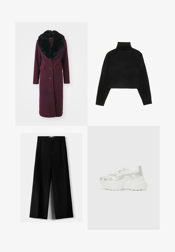 ONLY ONLLIVA NANCY LIFE COAT - Klasičan kaput - burgundy; Crni skraćeni pulover s rebrastim rolkom i manžetama, s glatkom teksturom i opuštenim krojem. Jednostavan, minimalistički dizajn.; Crne široke hlače izrađene od lagane tkanine, s prednjim zatvaranjem na dugme i ravnim prednjim dijelom, sa uredno šivenim rubovima.; Srebrne tenisice s teksturiranim mrežastim gornjištem i iridescentnim akcentima, s debelim bijelim potplatom i vezanjem na vezice.