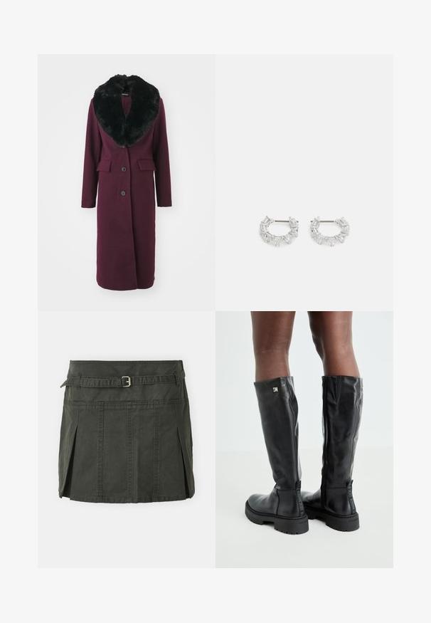 ONLY ONLLIVA NANCY LIFE COAT - Classic coat - burgundy; Light gray cropped knit sweater with black and white flower patterns, round neckline, and ribbed cuffs. Soft texture, casual design.; Dark green, cotton mini skirt with a fitted waist, a belt, and front pleats. Features stitching details and a classic cut.; Black knee-high leather boots with a smooth texture, rounded toe, chunky sole, and zipper closure. Features silver logo on the side.; Silver hoop earrings featuring clear, rectangular and triangular crystals arranged in a patterned design. Posts for secure fastening.