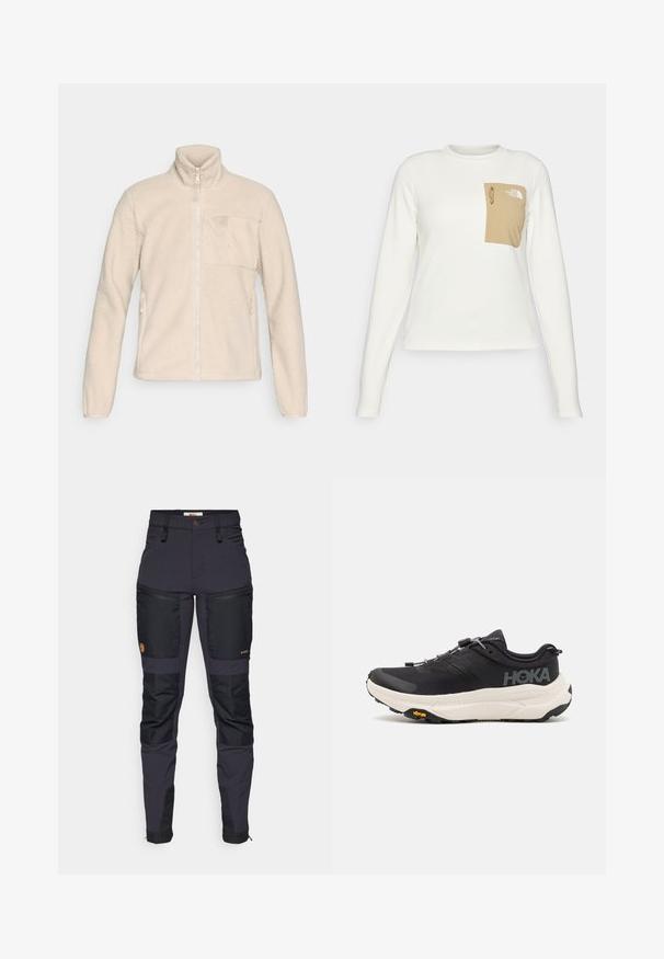 Beige Fleecejacke mit hohem Kragen, durchgehendem Reißverschluss vorne und einer Brusttasche. Verfügt über Seitentaschen und eine strukturierte, weiche Oberfläche.; Weißes Langarmhemd aus strukturiertem Stoff mit einer beigen aufgesetzten Tasche, die einen Kordelzug und ein Logo trägt.; Dunkelgraue Hose mit schwarzen verstärkten Flicken. Merkmale sind Reißverschlusstaschen, eine taillierte Passform und eine strapazierfähige Stoffstruktur.; Schwarze Sportschuhe mit einem atmungsaktiven Mesh-Obermaterial, Gummisohle, weißem dämpfenden Zwischensohle und reflektierenden Schnürsenkeln. Vibram-Logo auf der Sohle.