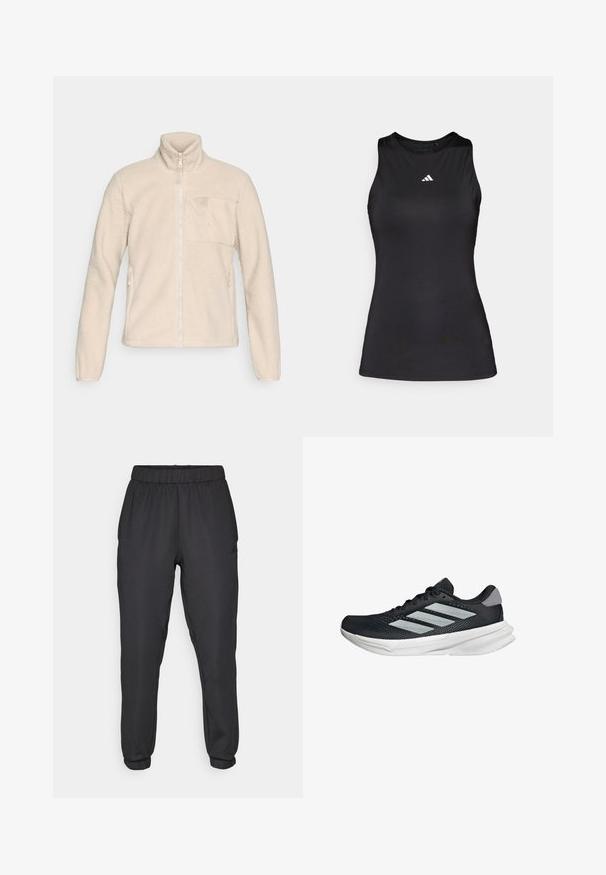Beige fleece jacket with a high collar, full front zipper, and a chest pocket. Features side pockets and a textured, soft surface.; Black sleeveless athletic top made of smooth fabric. Features a round neckline and a small white Adidas logo on the chest.; Black athletic joggers with elastic waistband and cuffs. Smooth texture, featuring a logo on the side and tapered fit.; Black running shoe with mesh upper, three silver stripes, white midsole, and textured outsole. Features padded collar and lace closure.