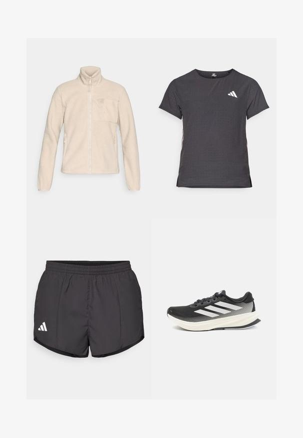 Beige fleece jacket with a high collar, full front zipper, and a chest pocket. Features side pockets and a textured, soft surface.; Short-sleeve athletic t-shirt, dark gray with perforated texture. Features a white logo and contrasting side stripes. Rounded neckline.; Black athletic shorts made of lightweight fabric, featuring an elastic waistband and a white Adidas logo on the lower left side.; Black athletic shoe with mesh upper, white accents, and a thick white midsole. Features laces and a low-profile design.