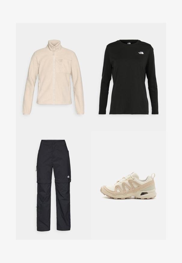 Veste en polaire beige avec un col montant, fermeture éclair sur le devant et une poche sur la poitrine. Dispose de poches latérales et d'une surface texturée et douce.; T-shirt noir à manches longues en coton avec un col rond. Présente un petit logo blanc sur la partie gauche de la poitrine. Design et coupe simples.; Pantalons cargo en nylon noir, à zip amovible, avec chevilles ajustables, plusieurs poches et un logo sur la jambe droite. Texture lisse et légère.; Baskets de sport beiges et crème avec une tige en mesh texturé, des superpositions de soutien et une semelle en caoutchouc dotée d'un motif de crampons pour une traction.