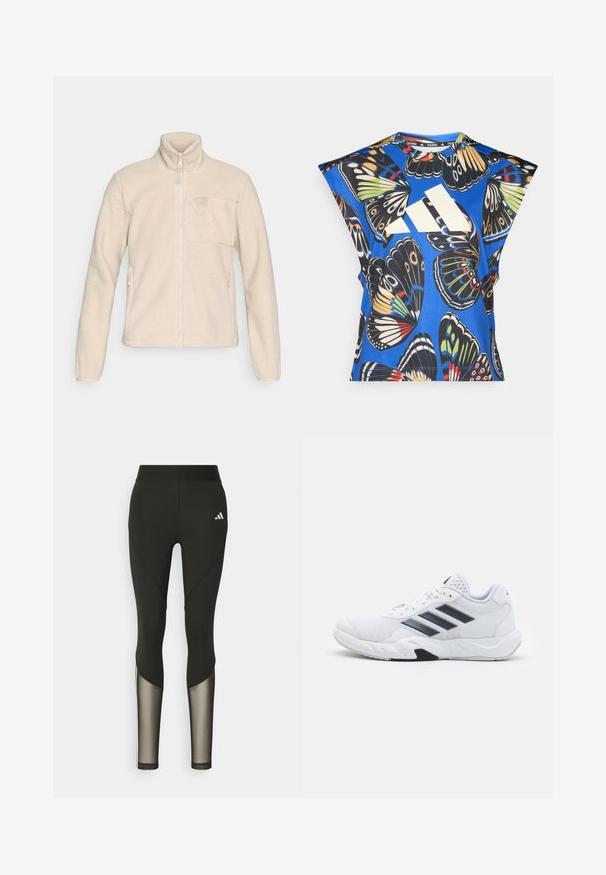 Béžová fleecová bunda s vysokým golierom, úplným predným zipsom a vreckom na hrudi. Obsahuje bočné vrecká a textúrovaný, mäkký povrch.; Modrá košeľa s krátkym rukávom s živým potlačou motýľa v rôznych farbách, s veľkým bielym logom na prednej strane a okrúhlym výstrihom.; Čierne atletické legíny s vysokým pásom, ktoré majú sieťové akcenty na dolných nohách a vyšívané logo na bokoch.; Biele športové topánky s ventilovaným vrchom, tromi čiernymi pruhmi po stranách, textúrovanými akcentmi a pevným gumovým podošvom s kontrastnou čiernou časťou.