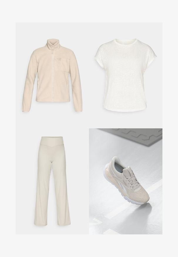 Beige Fleecejacke mit hohem Kragen, durchgehendem Reißverschluss vorne und einer Brusttasche. Verfügt über Seitentaschen und eine strukturierte, weiche Oberfläche.; Weißes T-Shirt mit kurzen Ärmeln, das ein strukturiertes Blumenmuster, einen runden Halsausschnitt und einen lässigen Schnitt aufweist. Hergestellt aus weichem, leichtem Stoff.; Beige weite Hosen mit strukturierter Ripp-Optik, hohem Taillenbund und geradem Schnitt. Mit einem subtilen Schlitz am Saum.; Hellbeige Sportschuh mit einem perforierten Obermaterial, strukturierten Akzenten, gepolstertem Schaftrand und weißer Gummisohle, entworfen für Komfort und Atmungsaktivität.