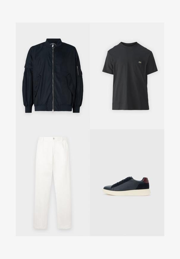 Tengerészeti könnyű bombázódzseki elöl cipzárral, elasztikus mandzsettákkal és két oldalsó zsebbel. A ujjon egy cipzáras zseb is található.; Fekete pamut póló rövid ujjakkal, kerek nyakú, bal oldalon egy kis zöld logóval a zseb fölött. Egyszerű dizájn, normál szabású.; Fehér nadrág sima anyagból, egyenes lábbal, elülső pliszékkal és egy gombos záródással a derékon.; Fekete bőr és velúr alacsony szárú férfi sneaker, bordó sarokpanellel és fehér gumi talppal, oldalnézetből.