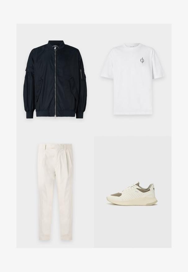 Jachetă bomber ușoară de culoare bleumarin, cu fermoar frontal, manșete elastice și două buzunare laterale. Dispune de un buzunar cu fermoar pe mânecă.; Tricou alb din bumbac cu o croială lejeră, având un mic logo grafic negru în zona stângă a pieptului. Mâneci scurte, stil guler rotund.; Pantaloni albi plisati, cu o croială ajustată, având o textură netedă, bucle pentru curea și picioare conice. Fără buzunare vizibile sau modele.; Tenis sportivi alb și bej deschis, cu un înveliș din plasă, detalii perforate și o talpă intermediară texturată, având marcaj pe călcâi.