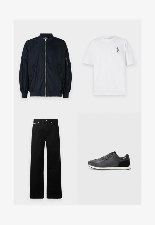Veste bomber légère de couleur marine avec une fermeture éclair à l'avant, des poignets élastiques et deux poches latérales. Comprend une poche zippée sur la manche.; T-shirt en coton blanc avec une coupe décontractée, présentant un petit logo graphique noir sur le côté gauche de la poitrine. Manches courtes, col rond.; Pantalon en denim noir avec une coupe large, doté de cinq poches et de boutonnières métalliques. Texture lisse, sans motifs visibles.; Baskets de sport noires avec une tige en cuir dotée de perforations, des accents en daim et une semelle en caoutchouc blanc. Design classique à lacets.