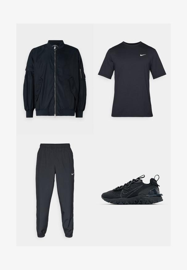 Giacca bomber leggera di colore blu navy con zip frontale, polsini elastici e due tasche laterali. Presenta una tasca con zip sulla manica.; T-shirt Nike nera a maniche corte realizzata in tessuto morbido, con il logo bianco dello swoosh nella parte superiore sinistra, colletto girocollo.; Pantaloni da jogging neri realizzati in tessuto leggero con cintura elastica, polsini alla caviglia e un logo Nike discreto sul lato sinistro.; Scarpa sportiva nera con tomaia in mesh traspirante, dettagli testurizzati e suola in gomma ondulata. Presenta un logo riflettente e un sistema di allacciatura.