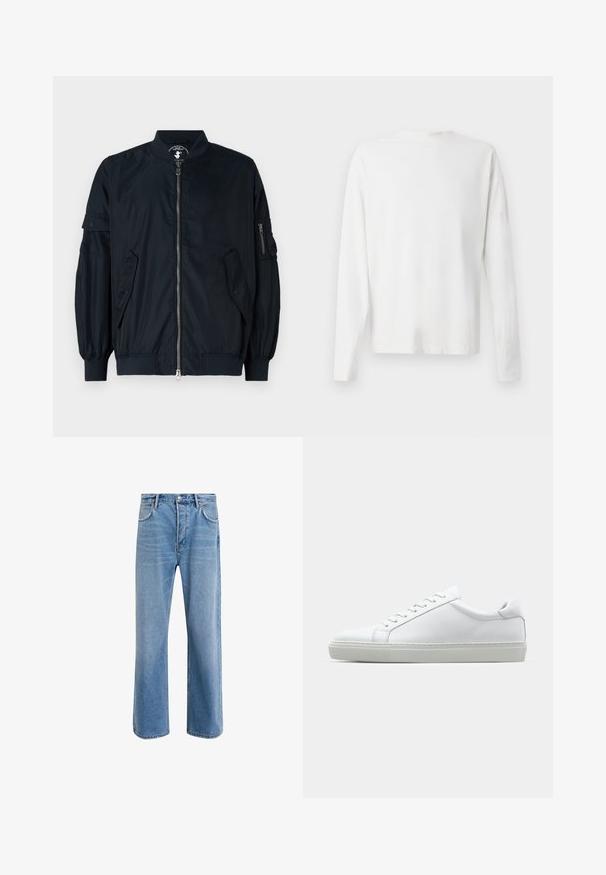 Tume sinine kerge pommitaja jakk, millel on esiääre tõmblukk, elastsed mansetid ja kaks külgtaskut. Kätel on lukuga tasku.; Pikad varrukad, valge puuvillane särk ümmarguse kaelusega, külgedel lõhikud all ja sile tekstuur, nähtav tagant.; Heledad sinine teksapüksid otse lõikega, viie taskuga, nupuga sulgemine, minimaalne kulumine ja kontrastsed õmbluse detailid.; Valge tennisetoss, millel on sile nahk pealis ja madal profiil. Omab ümarat ninaosa, kuut silmust ja tekstuuriga kummist talda.