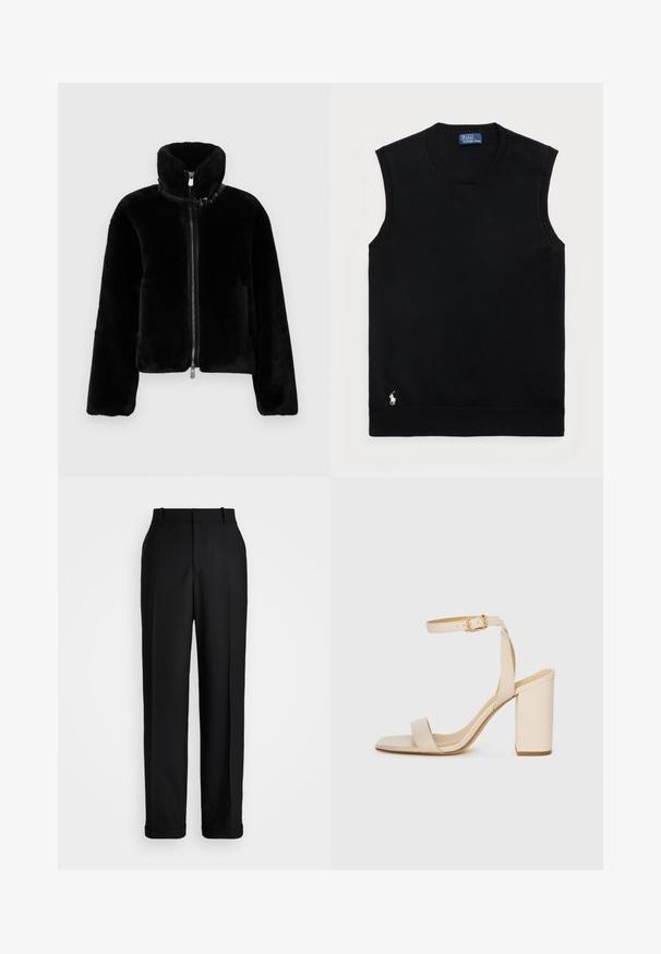 Crna lažna krznena jakna skraćenog kroja s visokim ovratnikom, punim prednjim patentnim zatvaračem i jednim detaljem kopčanja s kopčom. Mekana tekstura i opušteni kroj.; Crna bezrukavna pamučna dukserica s okruglim izrezom. Sadrži mali bijeli logo u donjem lijevom kutu i rebrasti rub.; Polo Ralph Lauren HIGH RISE RELAXED STRAIGHT TROUSER - Hlače - black; Bež sandale na visoku petu s kvadratnim vrhom, tankim remenom oko gležnja i blok petom. Glatka kožna tekstura s detaljem zlatne kopče.