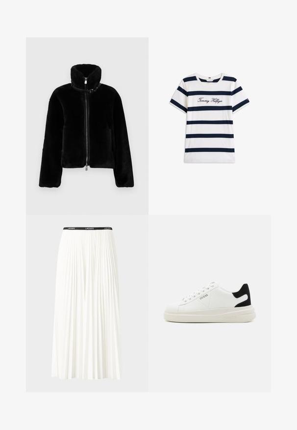Czarna kurtka z sztucznego futra o kroju crop z wysokim kołnierzem, pełnym zapięciem na zamek błyskawiczny i pojedynczym zapięciem na klamrę. Miękka tekstura i luźny krój.; Bawełniana koszulka z poziomymi granatowymi paskami na białym tle. "Tommy Hilfiger" wyszyte kursywą na klatce piersiowej. Okrągły dekolt.; Plisowana biała spódnica z czarnym elastycznym pasem z logo "LACOSTE". Średniej długości, o miękkiej teksturze.; Białe skórzane sneakersy z grubą białą podeszwą, czarnym zamszowym akcentem na pięcie oraz wytłoczonym logotypem z boku. Projekt z sznurówkami i sześcioma dziurkami.