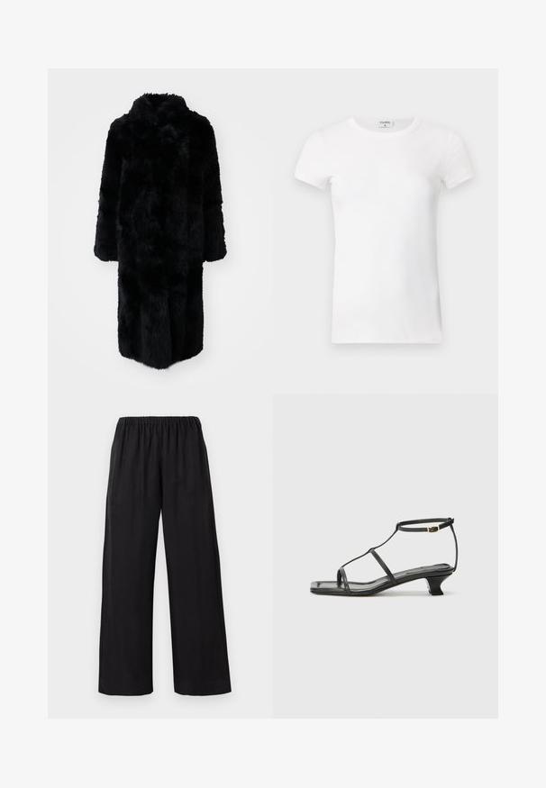 Abrigo de piel sintética negra con un cuello alto, mangas largas y un corte recto. Presenta una superficie suave y texturizada. Sin botones ni elementos metálicos visibles.; Camiseta blanca de manga corta y con cuello redondo, de tejido acanalado. La tela parece suave y tiene una silueta ajustada. Etiqueta de marca visible en el cuello.; Pantalones de pierna ancha negros con una tela suave y ligera, que incorporan una cinturilla elástica y un dobladillo cosido, ofreciendo un ajuste relajado.; Sandal de cuero negro con punta cuadrada, correas delgadas, correa ajustable en el tobillo y un tacón bajo. Presenta un pequeño detalle dorado en la correa.