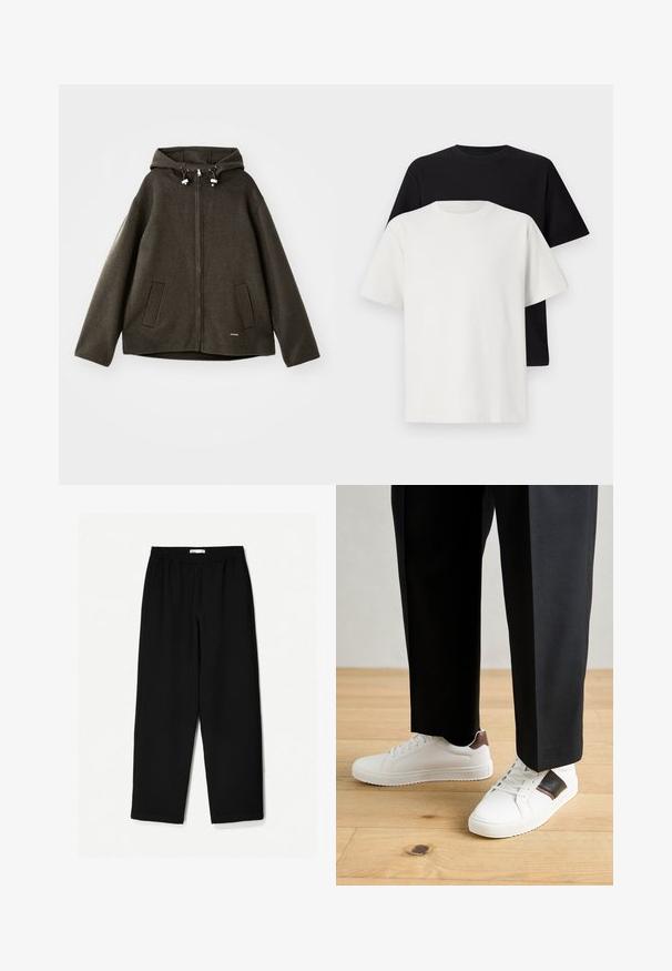 Jachetă cu glugă de culoare verde închis, realizată dintr-un material texturat, având închidere frontală cu fermoar, două buzunare laterale și detalii cu șnur.; Set de tricouri din bumbac, care include un top negru și unul alb, ambele cu mâneci scurte, guler rotund și croială standard. Material texturat.; Pantaloni negri, largi, confecționați dintr-un material ușor. Au o talie elastică și o textură netedă. Fără modele vizibile sau accesorii metalice.; Sneakers albe cu textură netedă, având accente din piele maro și detalii negre, asociate cu pantaloni negri pe măsură. Fundal din podea din lemn.