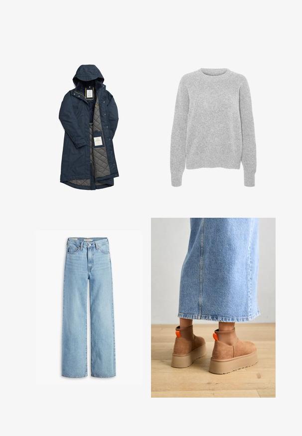 Jūras spēku ūdensizturīgs mētelis ar quilted pelēku oderi, kapuci un dzelteniem akcentiem; satur snap aizdares un zīmola etiķeti iekšpusē.; Pelēks adīts džemperis ar garām piedurknēm, apaļu kakla izgriezumu, ribotām aprocēm un apakšmalu, ar mīkstu tekstūru un brīvu piegriezumu.; Augsti jostas, gaiši zili platā kāju džinsi ar priekšējo pogu un rāvējslēdzēju, jostas cilpām un piecu kabatu dizainu.; Brūni zamšādas platforma zābaki ar elastīgiem sānu paneļiem un oranžām cilpām, apvienoti ar līdz ceļgaliem garu gaišā denima svārku uz koka grīdas.