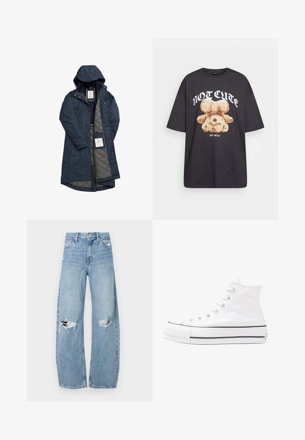 Jūrų mėtų atsparus vandeniui paltas su išsiuvinėta pilka pamušalu, gobtuvu ir geltonais akcentais; turi mygtukus užsegimus ir prekės ženklo etiketę viduje.; Juodas per didelis marškinėliai su bearo grafika ir tekstu "NE SIAUBINGA, BET NERAMUS" bold baltomis raidėmis. Pagaminta iš medvilnės.; Šviesiai mėlynos, aukštu juosmeniu džinsai pagaminti iš džinsinio audinio. Turi plačias kojų kelnes, dvi suplėšytas kelio vietas ir klasikinį penkių kišenių dizainą.; Balti aukštakulniai drobės sportbačiai su juodu guminio pado, priekinio guminio piršto dangteliu ir šešiais akytėmis raištams, pasižymintys švariu, minimalistiniu dizainu.