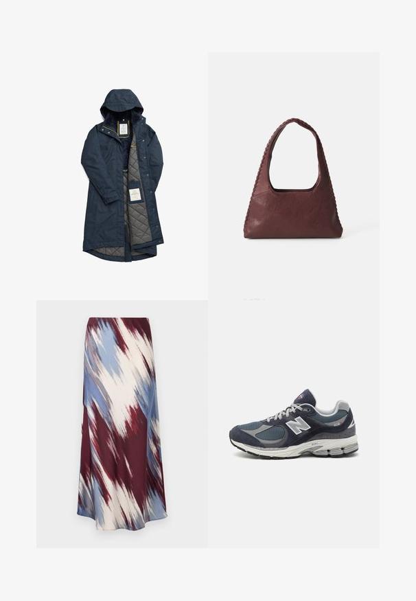 Marinblått vattentätt ytterplagg med vadderad grå foder, huva och gula detaljer; har tryckknappar och en märkesetikett inuti.; Långärmad randig polo t-shirt i vinröd och vit, med krage, knappslå med tre knappar och broderad logga på bröstet.; Lång kjol med ett diagonalt tie-dye-mönster i burgundy, blått och krämfärgat, tillverkad av mjukt material med en flödande siluett och lätt glans.; New Balance-sneakers med överdel i marinblått mesh och mocka, grå accenter, vit logotyp, dämpad sula och texturerad detalj.; Burgunderfärgad läderhandväska med triangulär form, öppen topp och flätad detalj längs handtaget. Slät textur med matt finish.
