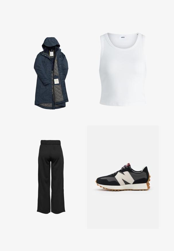 Marine waterdichte jas met een gewatteerde grijze voering, capuchon en gele accenten; heeft drukknoopsluitingen en een merketiket aan de binnenkant.; Witte geribbelde tanktop met een ronde hals, zonder mouwen en een cropped lengte. Label draagt "JJXX." Gladde stoftextuur.; Zwarte, wijde broek met een elastische tailleband, gemaakt van gladde stof. Heeft een strakke uitstraling zonder zakken of zichtbare stikseldetails.; Zwarte en grijze suède sneaker met een groot crèmekleurig "N"-logo, paarse veters en een gestructureerde rubberen zool van gum.