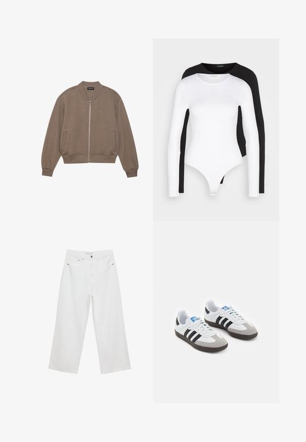 Brun kviltad bomberjacka med dragkedja fram, ribbad krage och ärmslut. Har två sidofickor och ett subtilt strukturerat mönster.; Svart och vit långärmad bodysuit med rund hals. Tillverkad av mjukt, elastiskt tyg, med en tanga-liknande botten och åtsittande ärmar.; Vita vida jeans i denim med hög midja, med fem fickor och metalldetaljer. Slät textur, inga synliga mönster.; Sportskor med överdel i vit läder, grå mocka på tårna och tre svarta ränder. Har en blå logotyp på tungan och en texturerad gummisula.