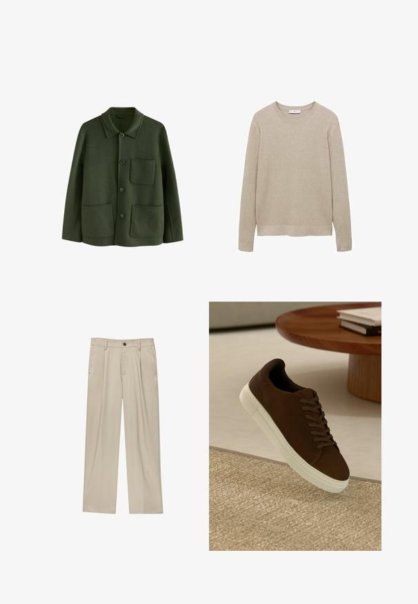 Grön ulljacka med krage, framknäppning och två bröstfickor, avslutad med en mjuk textur.; Beige ribbad stickad tröja med långa ärmar, rund halsringning och avskuren nederkant. Tyget verkar mjukt med ett texturerat mönster.; Beiga byxor med rak passform, utrustade med en enda svart knapp, bältesöglor och sidofickor. Slät tygkänsla och minimalistisk design.; Bruna mockasiner med platta snören och en vit gummisula, med en rund tå och minimalistisk design, placerade mot en texturerad yta.