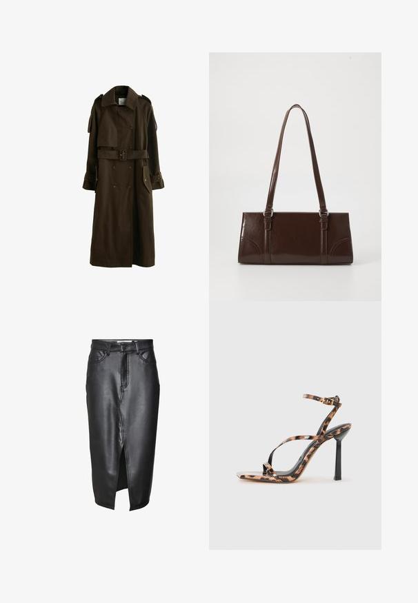 Next Trenčkot - chocolate brown; Černá košile s knoflíky s hladkou horní částí a krajkovým lemem s květinovými vzory. Límec je strukturovaný a po celé délce je olemován perlovými knoflíky.; Černá kožená sukně s střední délkou, která má přední rozparek, klasické poutek na opasek a prošívání podél švů.; Sandály na vysokém podpatku s řemínky a čtveratou špičkou, s leopardím potiskem v hnědých a černých odstínech na lesklém povrchu.; Hnědá kabelka z patentované kůže obdélníkového tvaru, se dvěma dlouhými uchy a jemnými zakřivenými akcenty na přední straně.