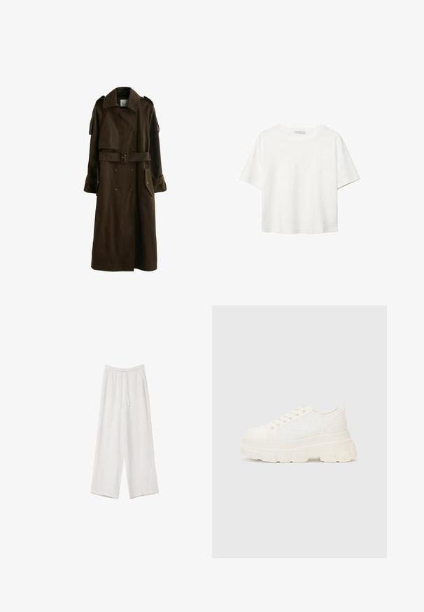 Next Trenchcoat - chocolate brown; Hvid kortærmet t-shirt lavet af bomuld. Har en rund halsudskæring og en afslappet pasform. Glat tekstur uden synlige mønstre eller detaljer.; Hvide bukser med bred benlængde lavet af et letvægtsstof. Har et elastisk talje med snor og sidelommer. Glat tekstur.; Hvide lærreds sneakers med en kraftig sål, rund tå og fem snørehuller. Bagstrop for nem påtagning. Glat tekstur, minimalistisk design.