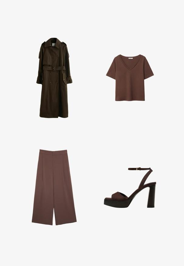 Next - Prochowiec; Brązowy bawełniany t-shirt z krótkimi rękawami i głębokim dekoltem w kształcie litery V. Prosty design, miękka faktura i prosty krój u dołu. Brak wzorów i akcentów.; Brązowe spodnie o szerokich nogawkach z gładką fakturą, z wysokim stanem i plisami z przodu. Materiał jest lekki i luźno opada.; Brązowe zamszowe sandały na wysokim obcasie z odkrytymi palcami, regulowanym paskiem na kostce i paskowatą podeszwą.