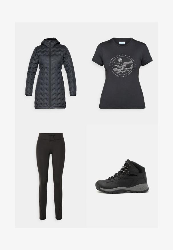 Melnā garā siltinātā ziemas jaka ar kapuci un centrālo rāvējslēdzēju, ar strukturētu ševronu šuvēm un Columbia logo uz krūtīm.; Melnā Columbia T-kreklā ar baltu apļa kalnu un upes kontūru mākslu, kā arī tekstu "Columbia Sportswear Company Outside Since 1938."; Melnas legingi ar augstu jostasvietu, pievilkšanas auklu, gludu tekstūru un pieguļošu dizainu. Iekļautas šuvju detaļas gar sāniem.; Melni pārgājienu zābaki ar vidēju augstumu, ar teksturētu augšdaļu, pelēkiem akcentiem un izturīgu gumijas zoli ar saķeres izvirzījumiem.